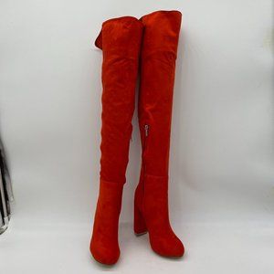 Red Over The Knee Chunky Heel Stretch Zipper Boots